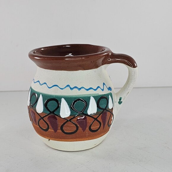 Hand-Painted Mexican Clay Pottery Jarrito Little Jug Glazed Coffee Mug Signed - Picture 7 of 10